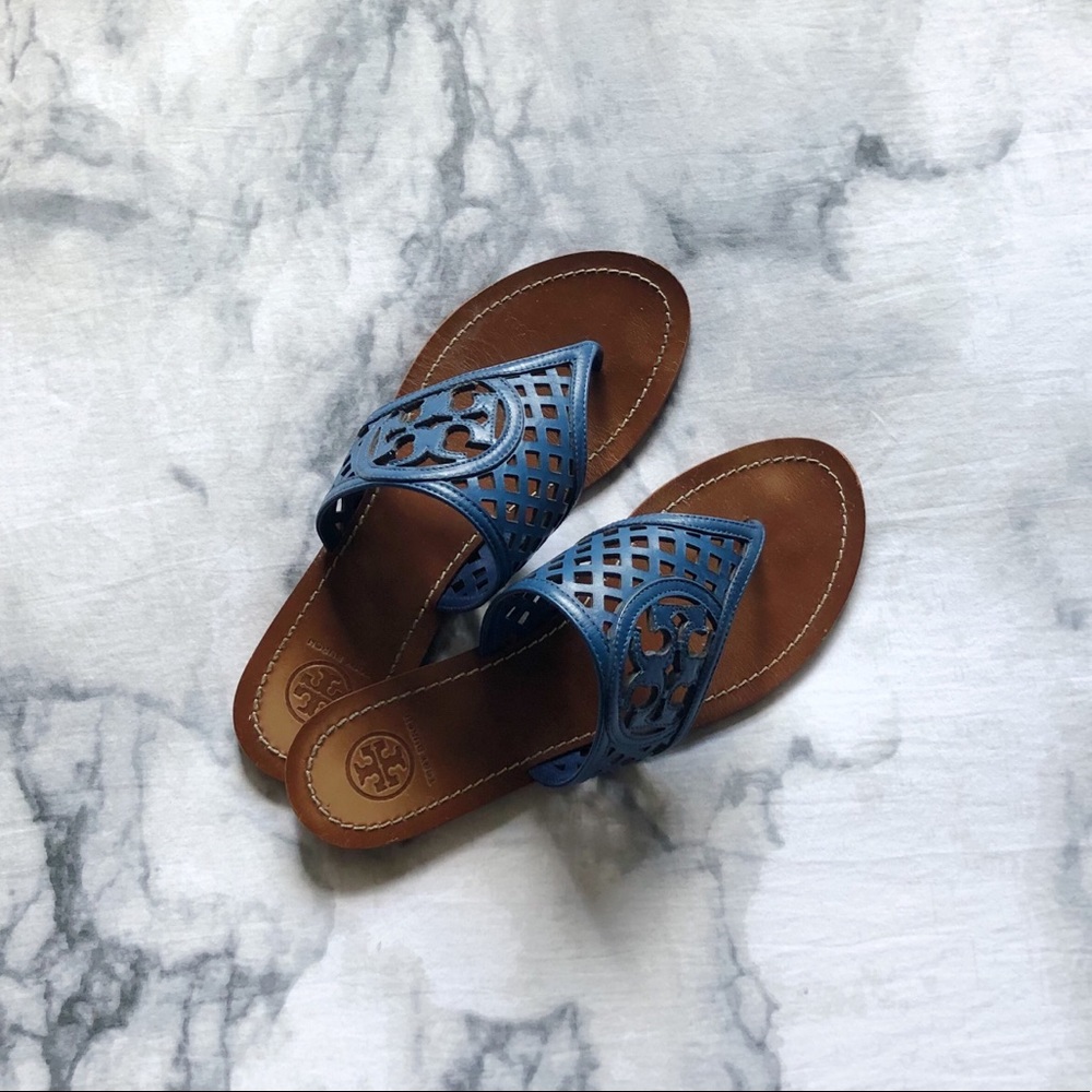RARE! Tory Burch Logo Sandals Woven Pattern Blue